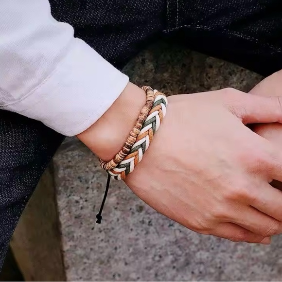 2Pcs Mens Weave Bracelet Set Natural Wood Rope Braclet for Men - Picture 2 of 3